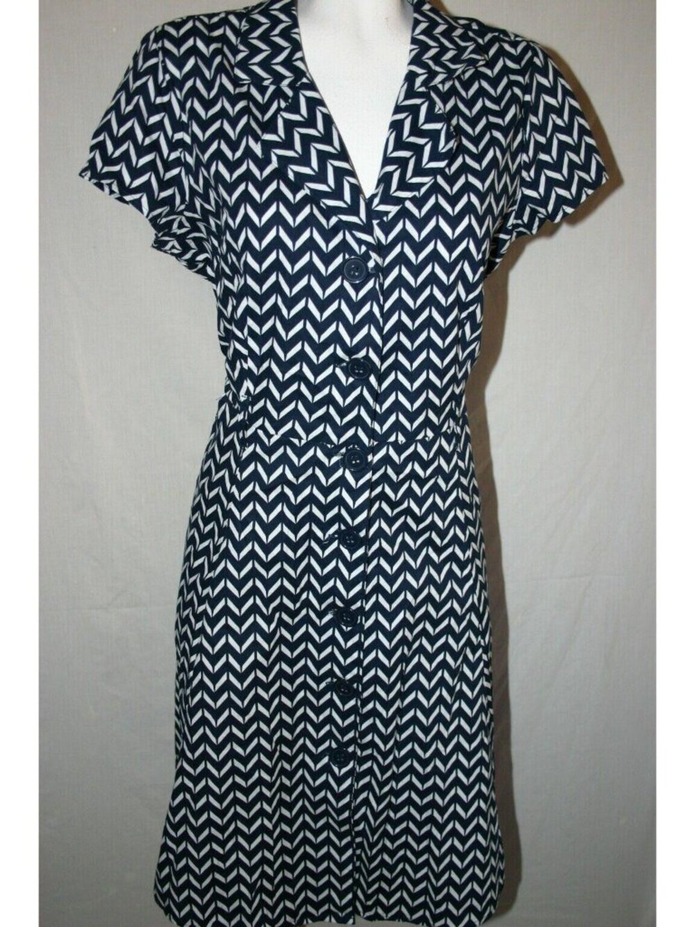 Mlle Gabrielle Womens Navy White Chevron Short Dress Buttons Work Church Size XL